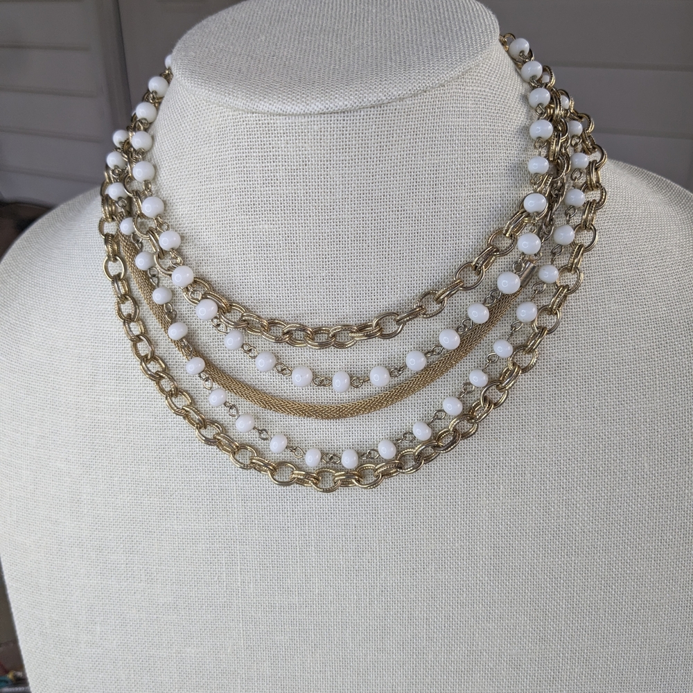 Vintage Gold Tone Multi Strand White Bead Layered Statement Necklace Adjustable